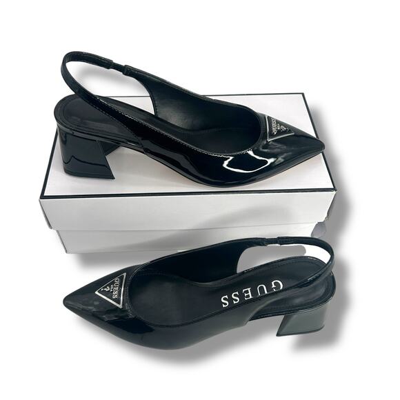 GUESS Zanda Slingback Block Heel Pumps Black Patent Size 7.5 Pointy Toe Heels - Picture 8 of 12